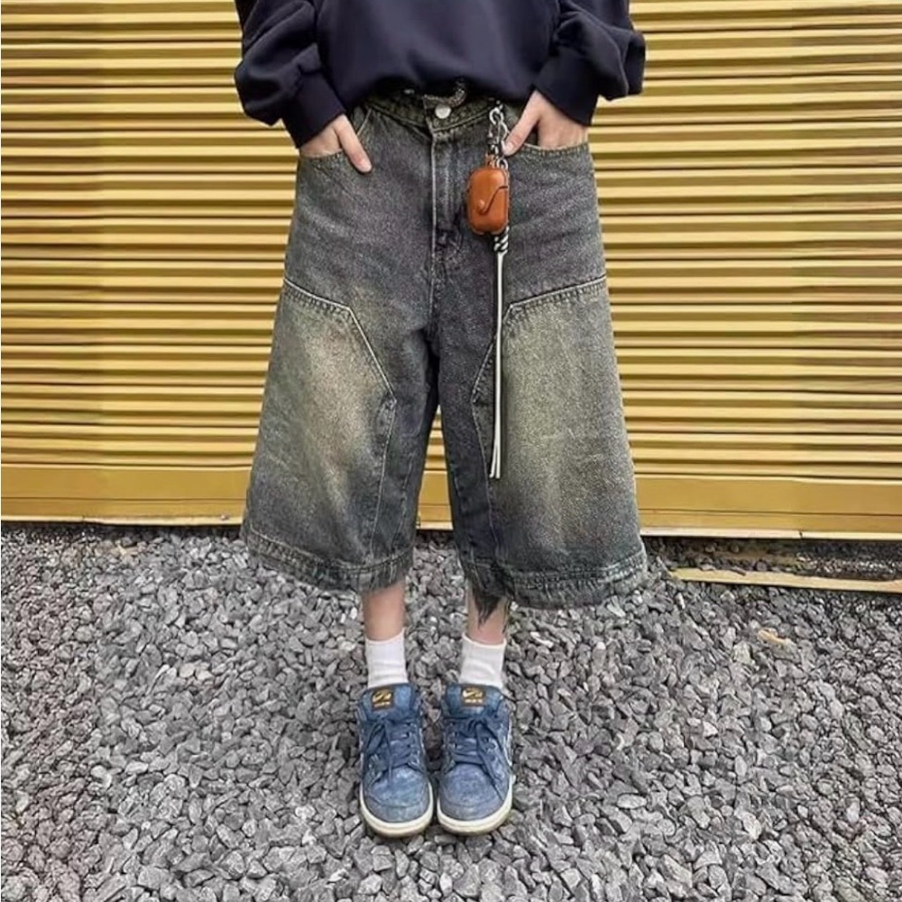 Men's Washed Black Denim Wide-Leg Knee-Length Shorts